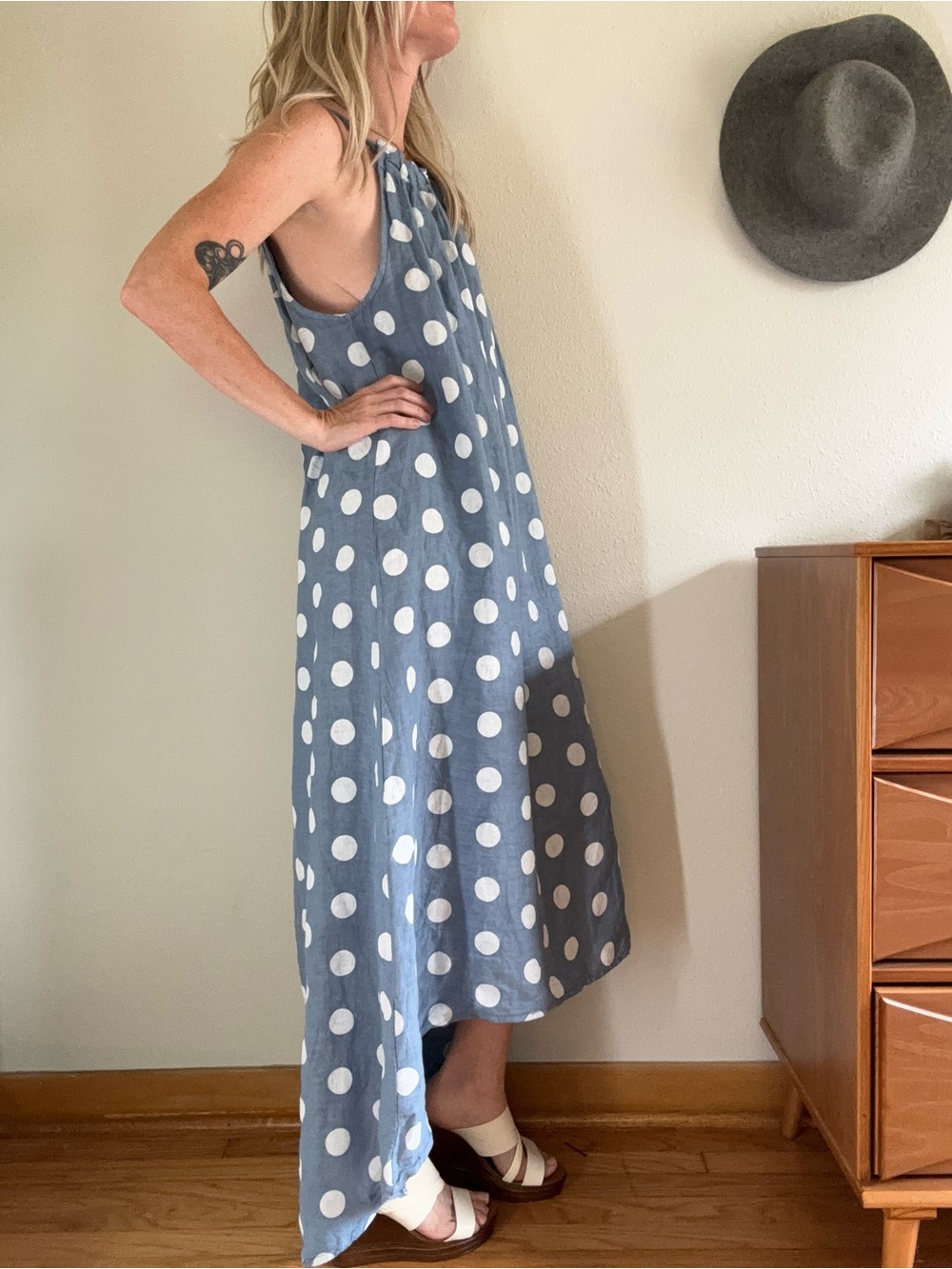 Made In Italy Linen Polka Dot Halter Maxi Dress O/S Blue Hi-Low Coastal Euro - Picture 3 of 10